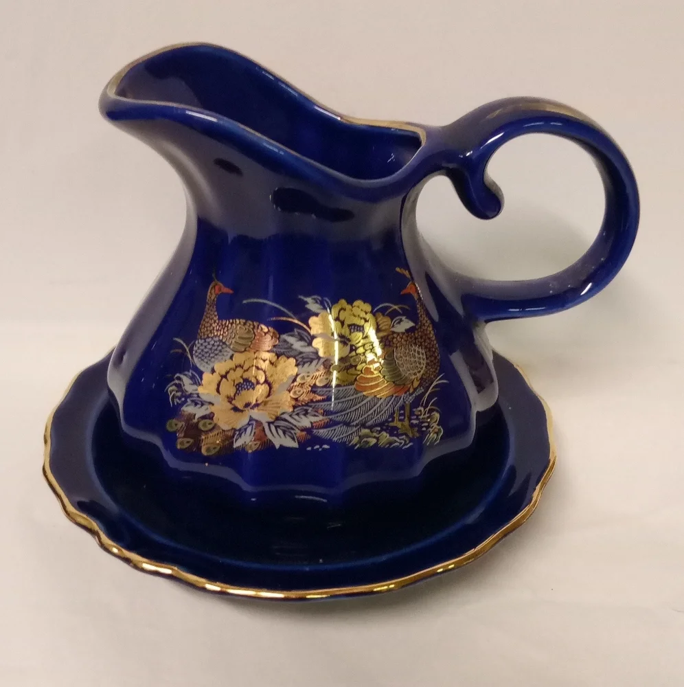 Cobalt Blue Rib Pitcher, Peacock Bird, Floral Pattern & Saucer 4.5